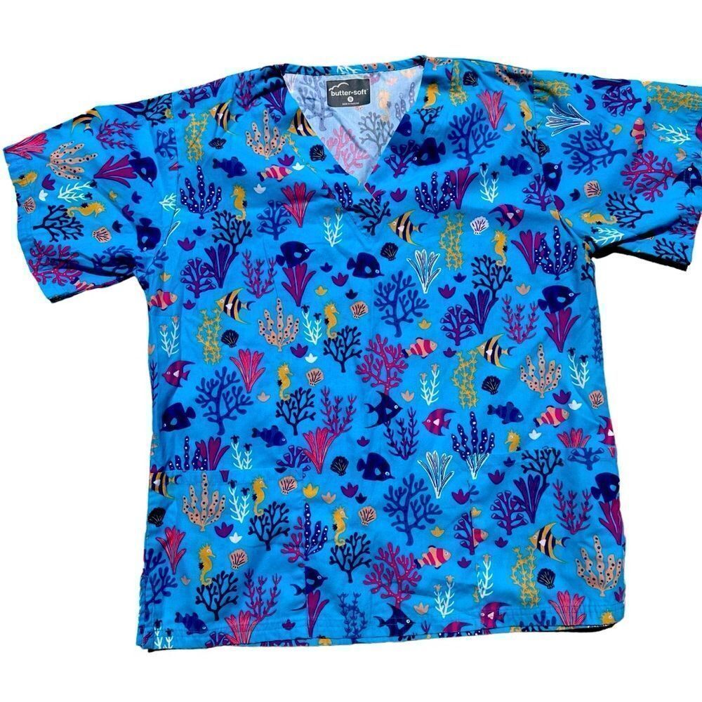 BUTTER SOFT OCEAN THEME SCRUB TOP WOVEN COTTON DURABLE POCKETS WOMENS SMALL